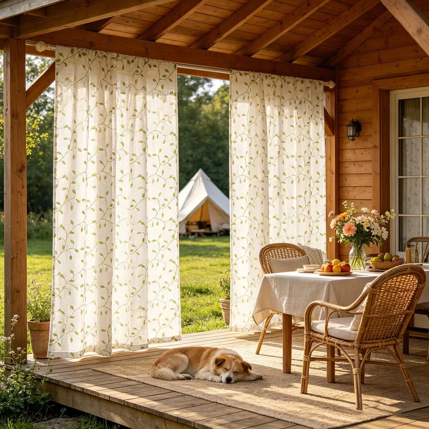 2PCS American Country Green Leaves Embroidery Sheer Curtain for Outdoor Courtyard Hallway Balcony Decoration