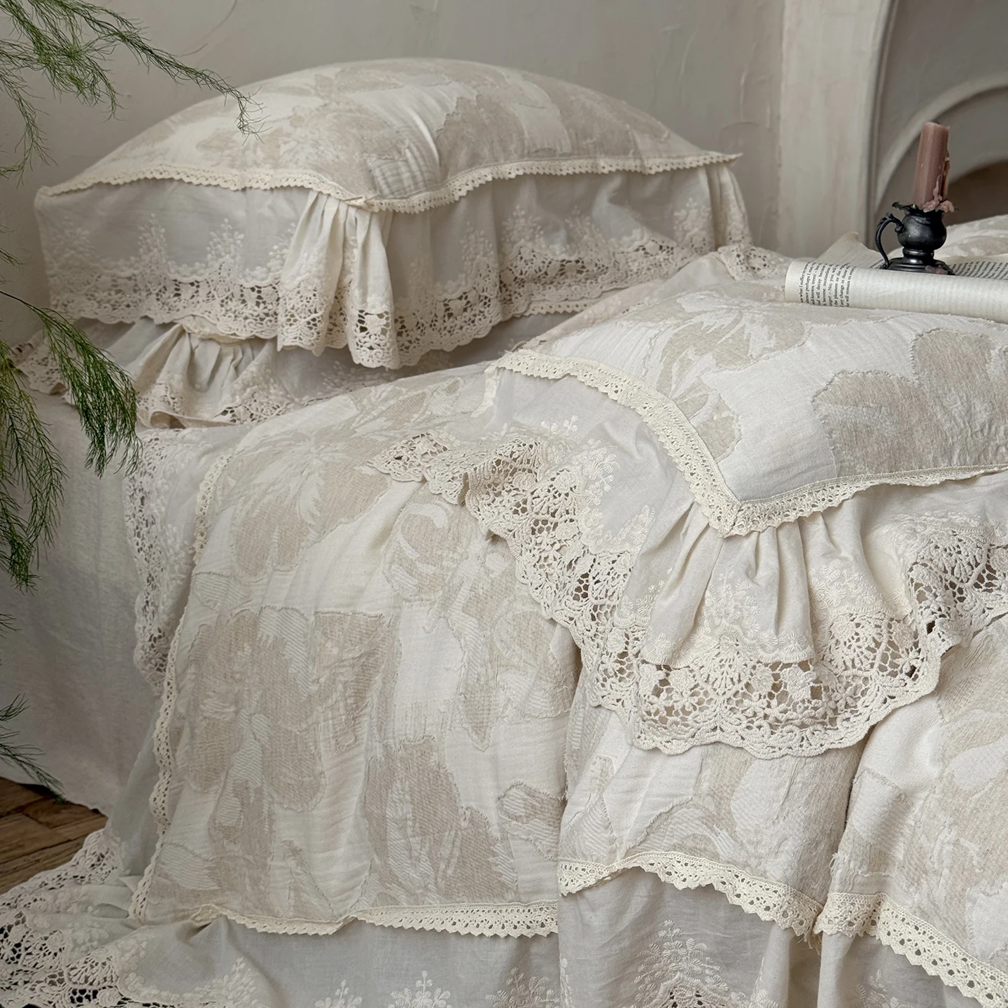 Cotton Linen Blend Jacquard French Hollow Lace Bedding Set 20% Linen 80% Cotton Duvet Cover Flat/Fitted Bed Sheet Pillowcases