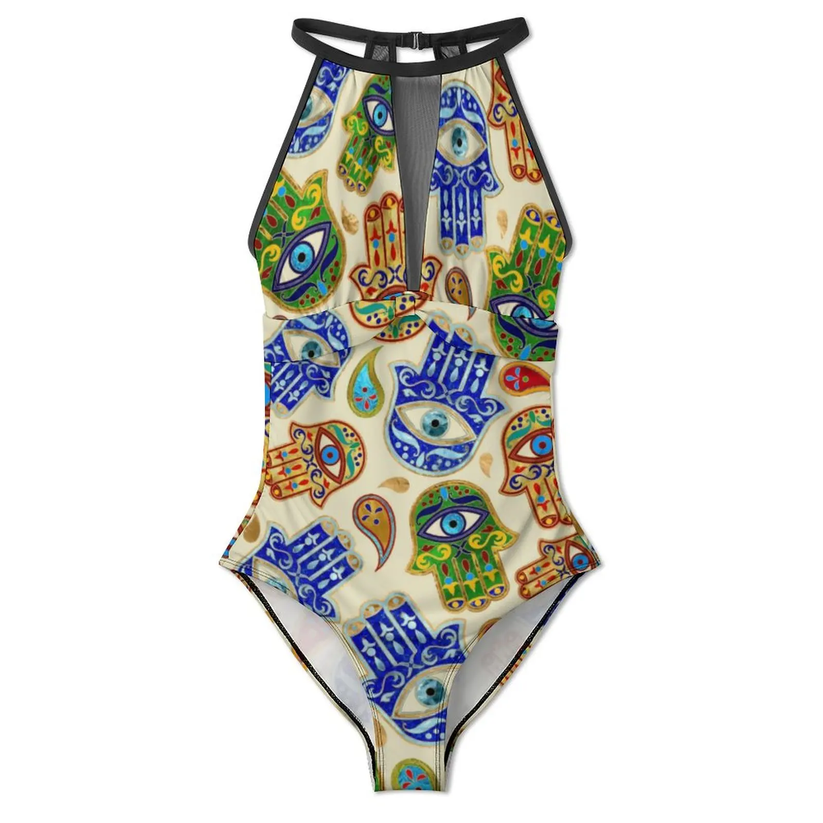 Hamsa Hand Swimsuit Sexy Colorful Hand of Fatima Women Swimwear One-Piece Stylish Swimsuits Sport Push Up Sleeveless Monokini