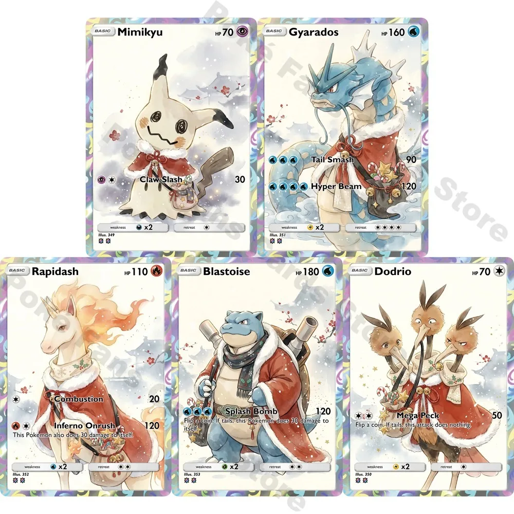 5Pcs PTCG Cards Mimikyu Gyarados Blastoise Rapidash Dodrio Christmas PTCG Collection Cards Shiny English PTCG Cards Gift