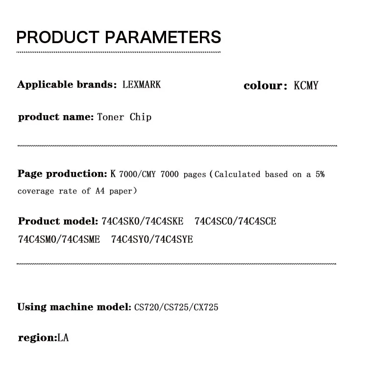 7K LA 74C4SK0 74C4SKE 74C4SC0 74C4SCE 74C4SM0 74C4SME 74C4SY0 74C4SYE toner cartridge chip  for LEXMARK CS720/CS725/CX725