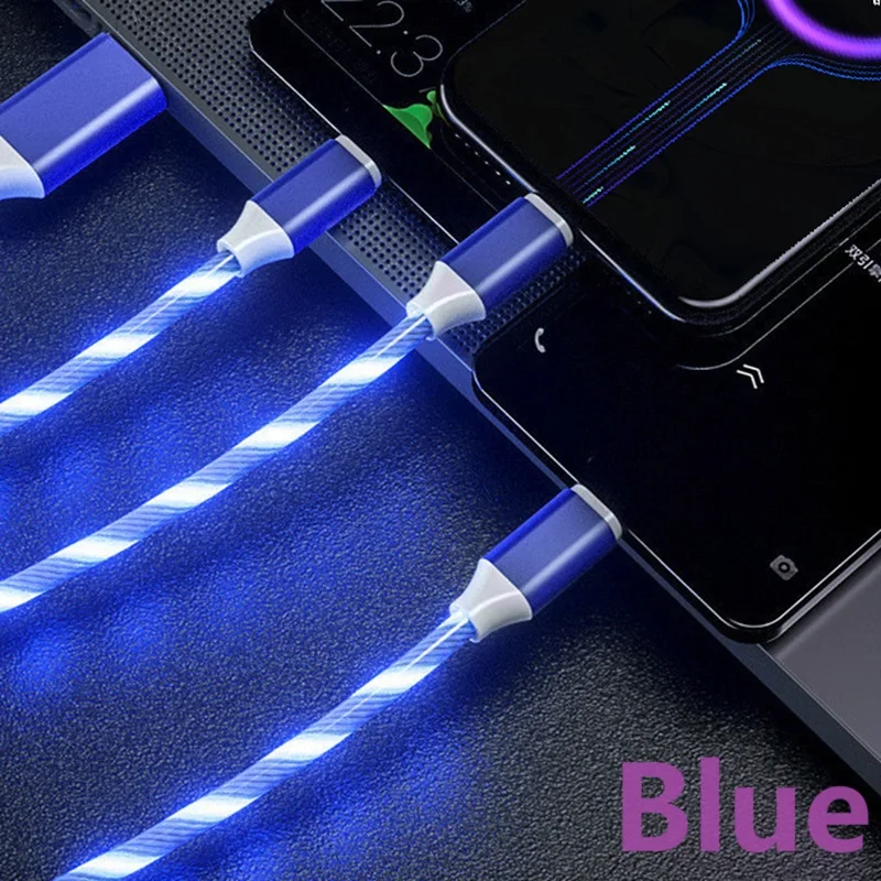 3-in-1 Multi USB Universal Flowing LED Light Phone Charge Cable Cord With Interface For Apple+Type C+Micro USB Charger Connector