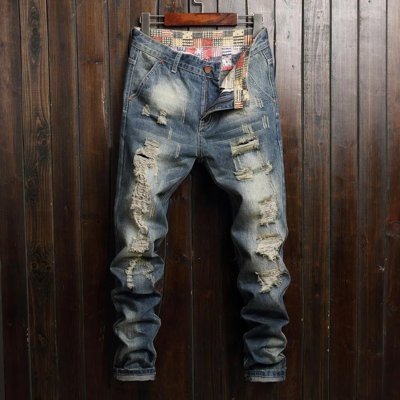 Men Jeans Distressed Vintage Ripped Straight Pants Ankle Length Wash Solid Denim Pockets Loose Fit Trouser Punk Style 2024