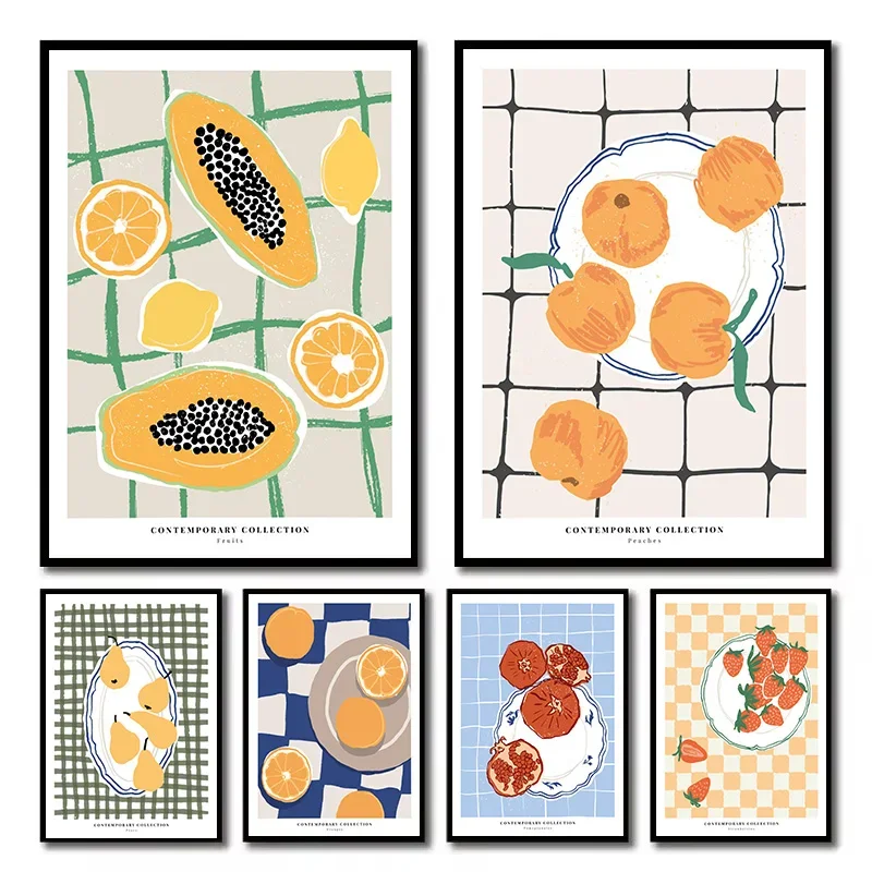 (No frame)Colorful Fruit Market Peaches Orange Kitchen Aesthetic Illustration Poster Canvas Painting Wall Art Pictures Home S