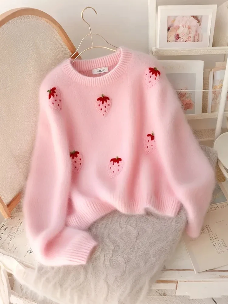 Zoki Fashion Strawberry Pink Sweaters Women Sweet Preppy Style Knitted Jumpers Top Korean Cute Long Sleeve Fall Elegant Pullover