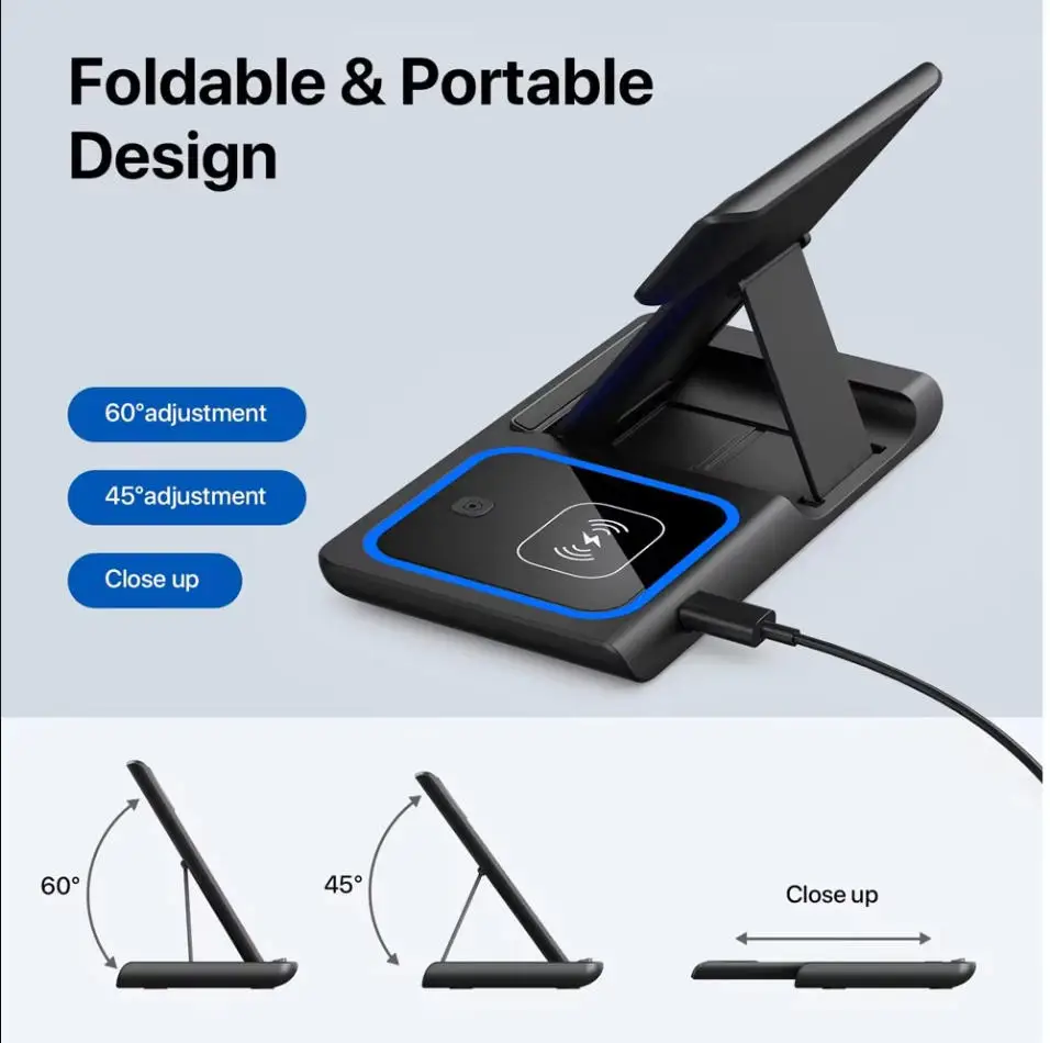 Fast Wireless Charger Charging Station 3-in-1 with Foldable Stand for Samsung iPhone 17 16 15 18 14 13 12 Apple Watch 9 8 7 Airpods, Professional for Xiaomi Huawei Type C Data Cable view 2