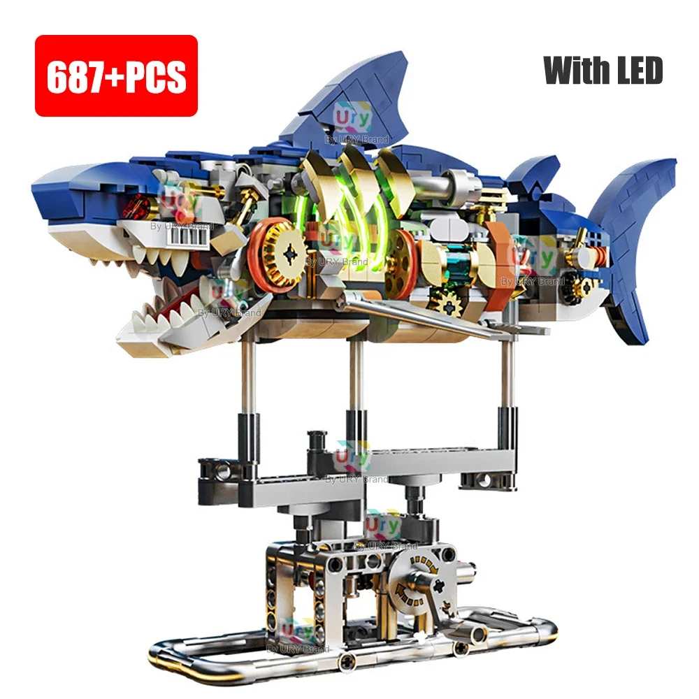 Technical Moc Ocean Mechanical Shark Marine Animal With Display LED Light Model Set Building Blocks Diy Assemble Toys for Gifts