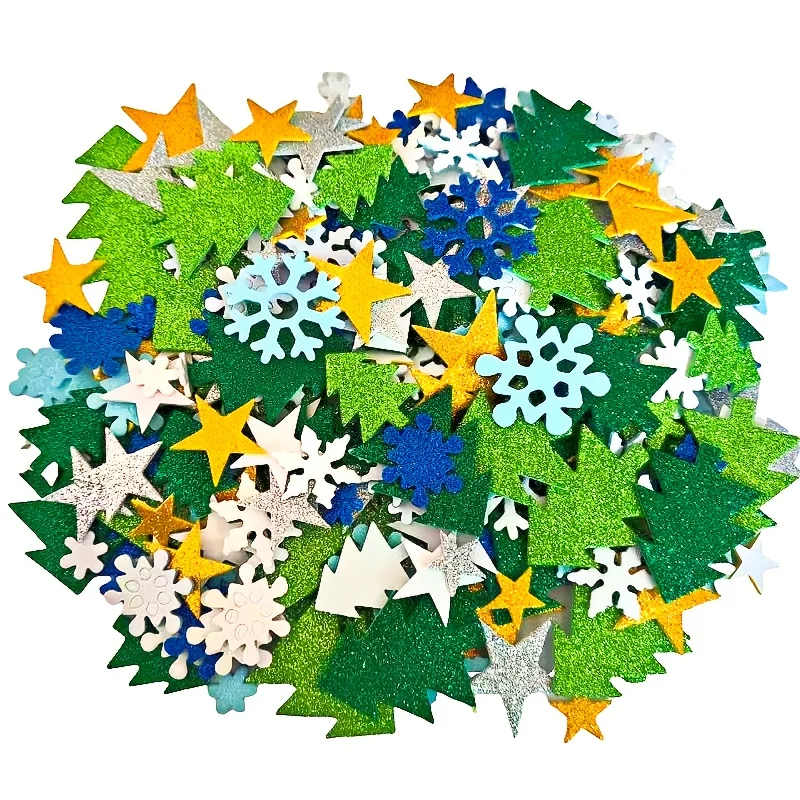 150/300 stuks zelfklevende glitterschuimstickers voor Kerstmis, sneeuwvlokken en pijnbomen, geen residu, levendige kleuren voor ramen