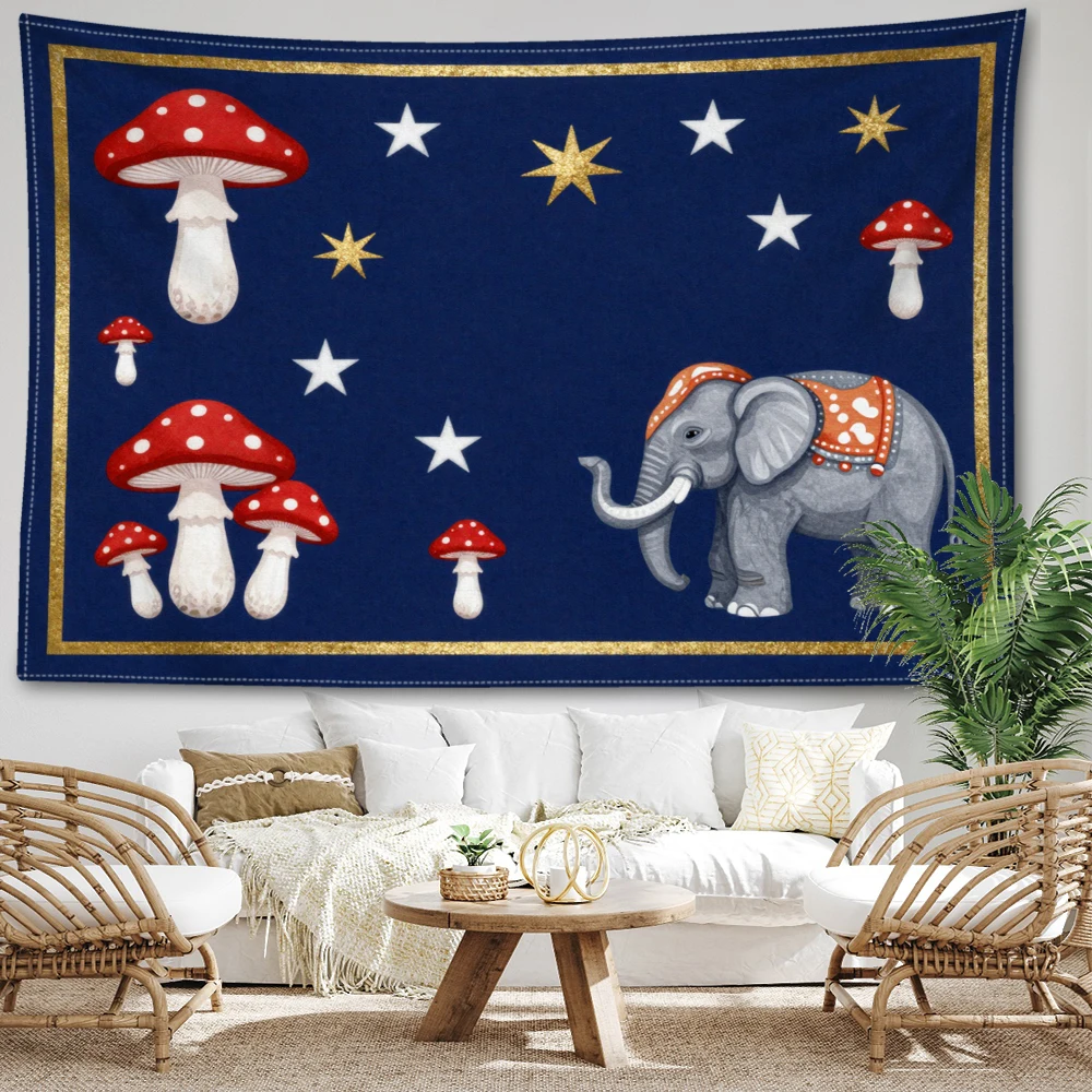 Navy Blue Grey Elephant Star Dots Mushroom Wall Tapestry, Whimsical Boho Decor