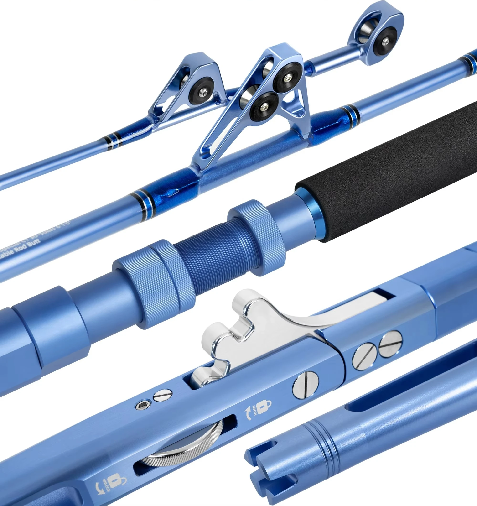 Adjustable offshore fishing rod with curved butt and roller guide for deep sea saltwater fishing