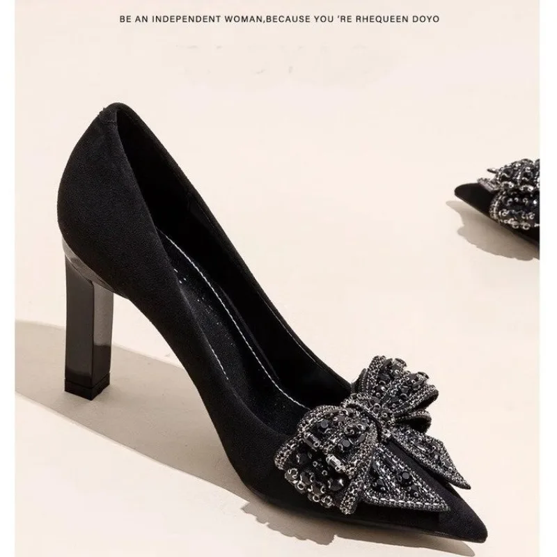 Black Pointed-toe High Heels, Women's Rhinestone Bow Outerwear Work Shoes, 2025 New Versatile Commuting Single Shoes