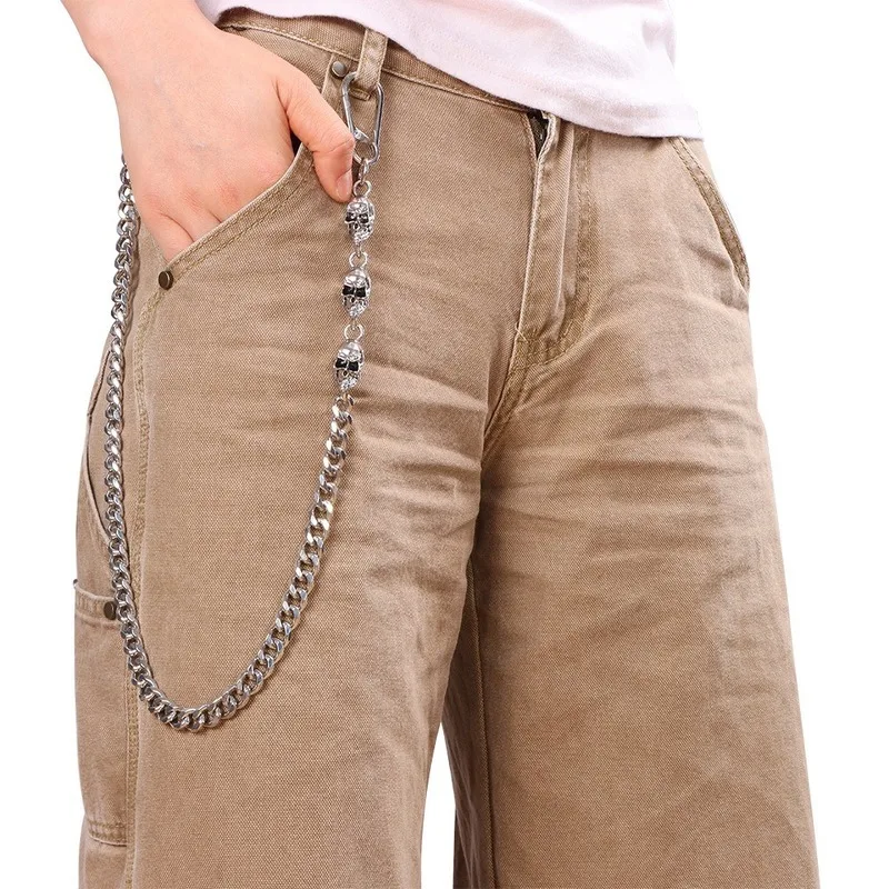 Skull Cuban Link Pants Chain Gothic Heavy Metal Waist Chain Biker Punk Jeans Keychain Rock Streetwear Decor Accessory