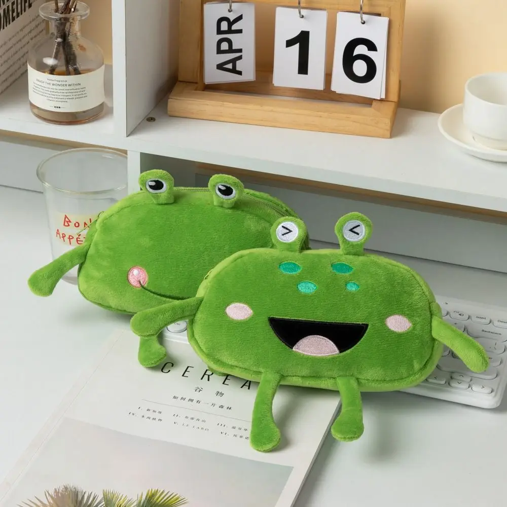 Desktop Organizer Funny Green Frog Pen Bag Pencil Holder Cosmetic Pouch Stationery Pouch Plush Large Capacity Pencil Cases