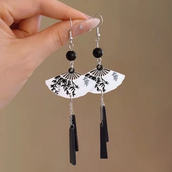 Retro Fan Shape Earring New Chinese Style Long Tassel Dangle Earrings for Women Girls Jewelry aretes de mujer Gift