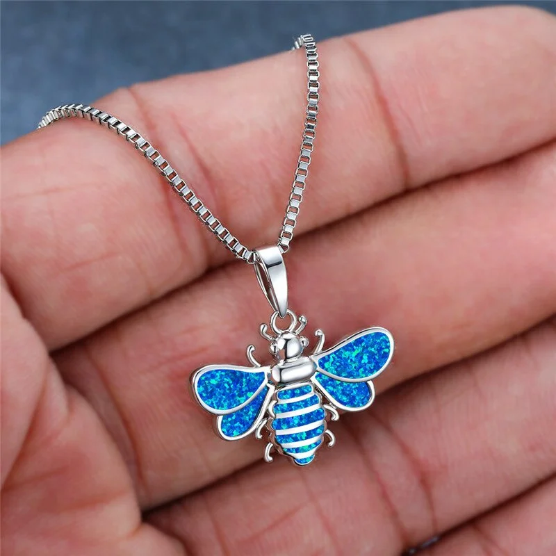 Bohemia Cute Bee Pendant Necklace For Women Inlay Imitation Blue Opal Necklace Wedding Party Jewelry Christmas Gifts for Her