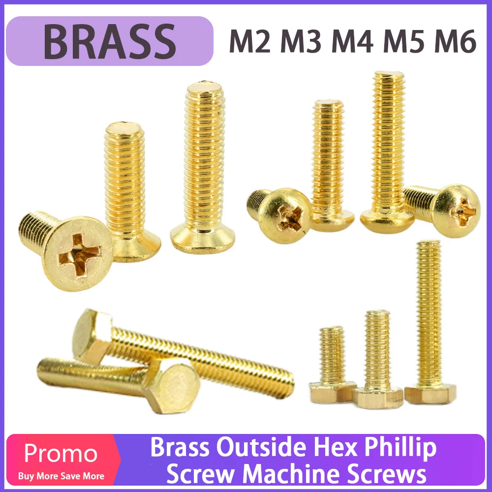 M2 M3 M4 M5 M6 DIN7985 Brass Outside Hex Sink Head/Round Head Phillips Screws Bolts Metric Thread Machine Screws Electronic Work