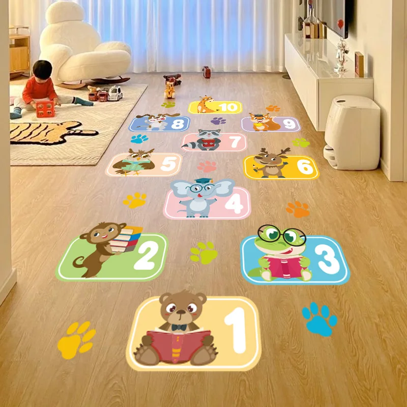 1 set of 3pcs animal numbers floor stickers cartoon hopscotch game kindergarten children living room self-stickers