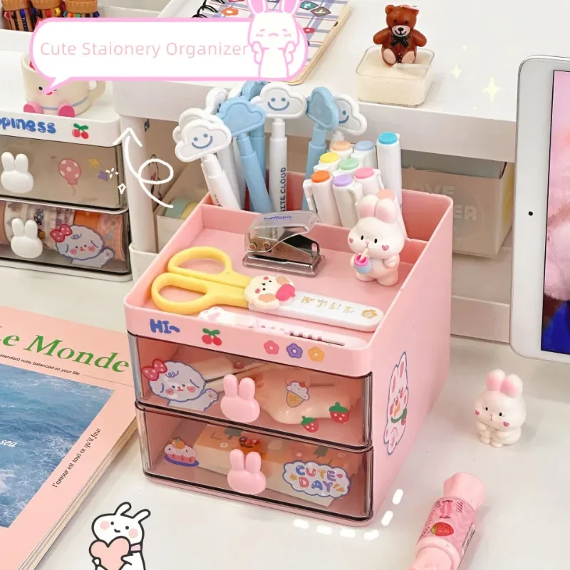 Kawaii Desktop Stationery Storage Box Organizer Drawer Pen Holder Makeup Cosmetic Plastic Drawer Storage Box Desk Organizer Cute