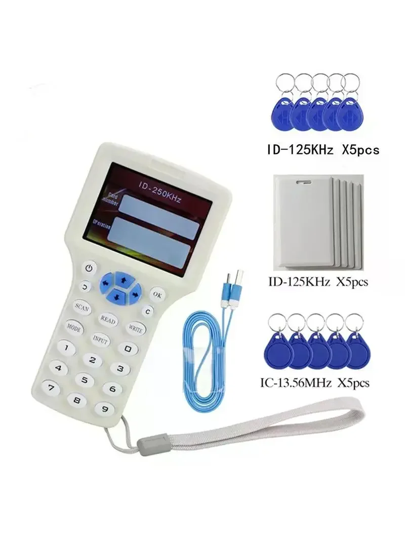 Czytnik/Programator/Kopiarka RFID 10 częstotliwości IC/ID z kablem USB do kart 125Khz 13.56Mhz z ekranem LCD — 2
