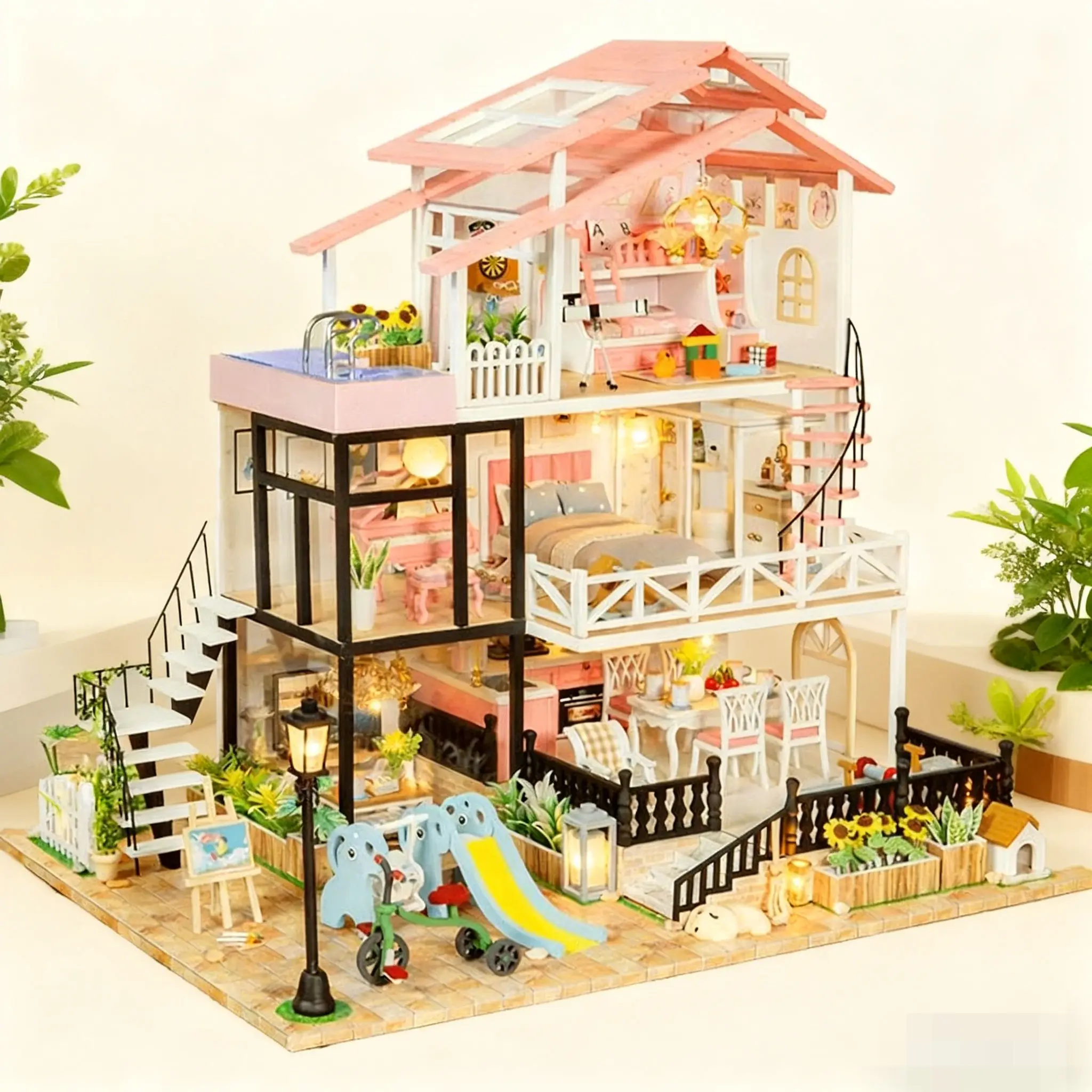 Princess Doll House DIY Wooden Kit - 3D Puzzle Assembly Villa with Furniture LED Lights - Festival & Birthday Gift for Girls