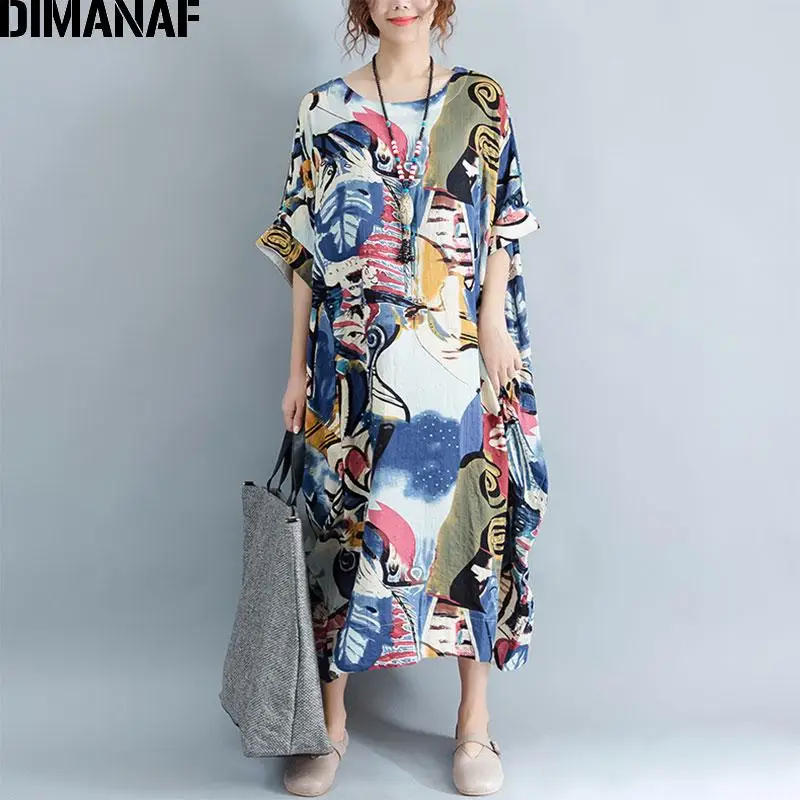 

Dimanaf Plus Size Dress Women Summer Pattern Patchwork Print Vintage Linen Dress Female Casual Fashion Oversize Elegant Dresses