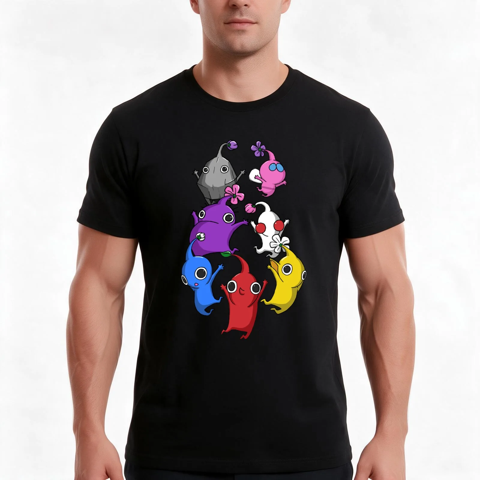 Jumping Pikmin T-Shirt, Summer Casual Cotton Tee, Oversized Streetwear Tops, Vintage Graphic Print, Loose Fit Short Sleeve