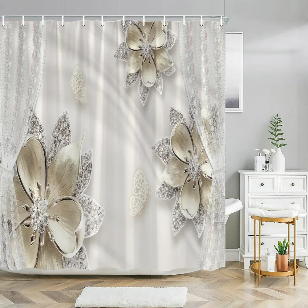 Elegant and Fashionable Fantasy Pearls and Diamonds Bouquet 3D Style Shower Curtain with Bath Rug Carpet Set Home Bathroom Decor