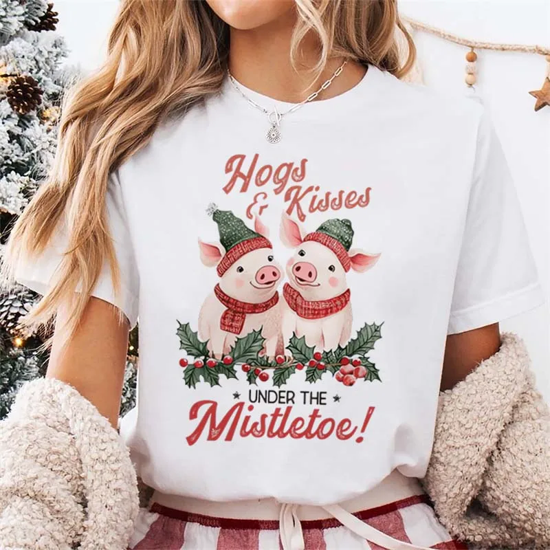 

Hogs Kisses Mistletoe Women's Christmas T-Shirt Round Neck Top Holiday Pig Graphic Print Short Sleeve Fashion White T-Shirt