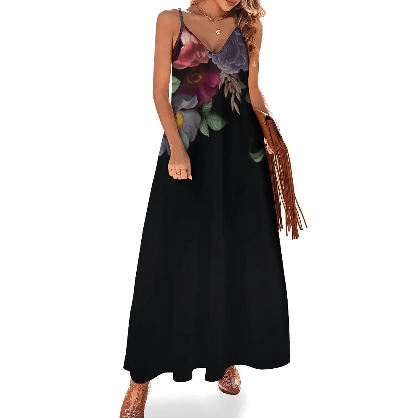 

Antique Botanical Night Watercolor Roses on Black Sleeveless Dress sexy dress Women's summer skirt Dress