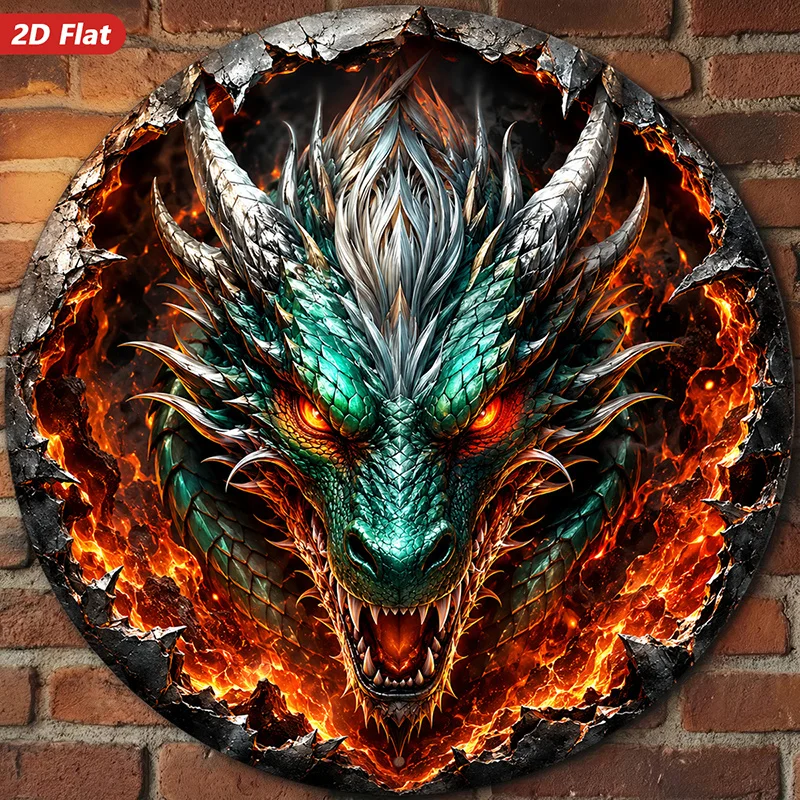 2D Retro Metal Sign Wall Art Green Gemstone Dragon Face Glowing Orange Eyes Curved Silver Horns Sharp Teeth Weatherproof Durable