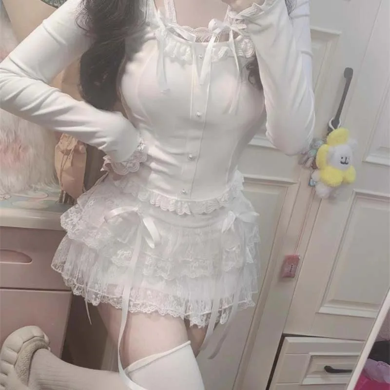 Korean Version Cute Sweet Girl Lace Cake Skirts Women Y2K Mini Pleated Skirt High Waist Loose Grunge Kawaii A-Line Fluffy Skirt