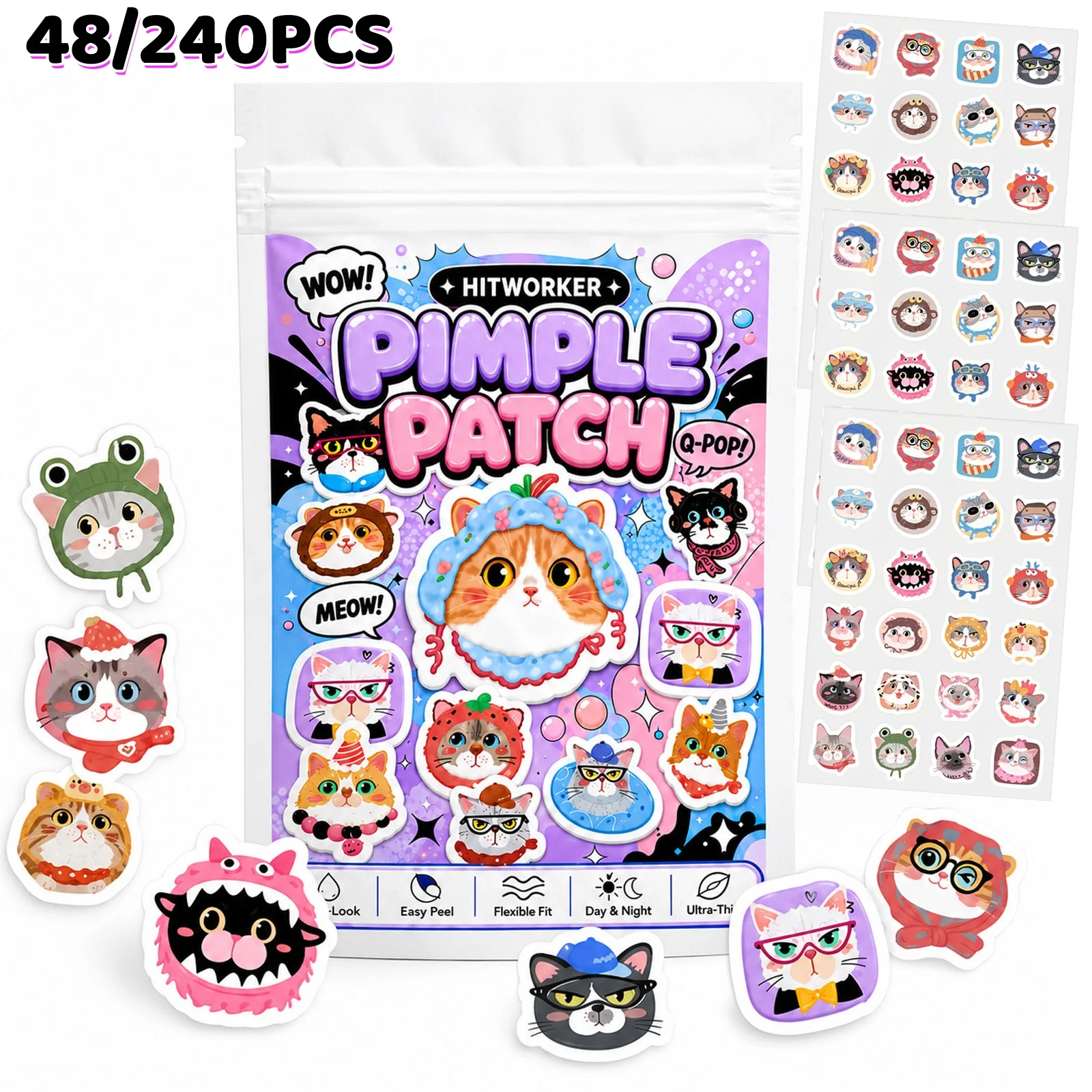 48/240pcs Cute Cat Hydrocolloid Spot Cover Patches, Cartoon Face Stickers, Easy Peel Daily Skin Care Day Night Use