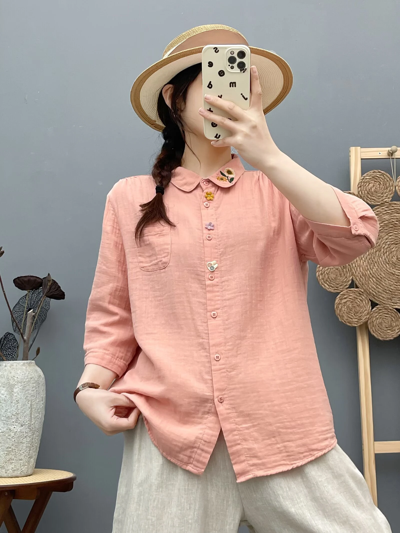 

Розовые рубашки из 100% хлопка, женские тенденции, лето 2021, блузки с вышивкой и рукавами 3/4, рубашки, женские топы