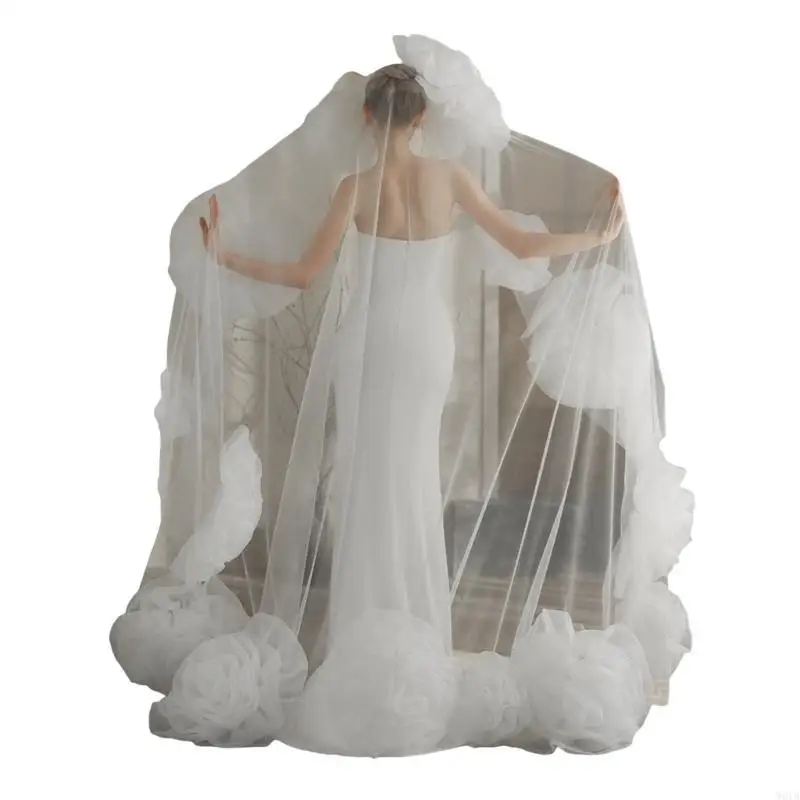 

W0YA Luxurious White Wedding Veil Long Length Tulle Veil for Bride with Handcraft Large Rose Flower Decors Photo Headwear