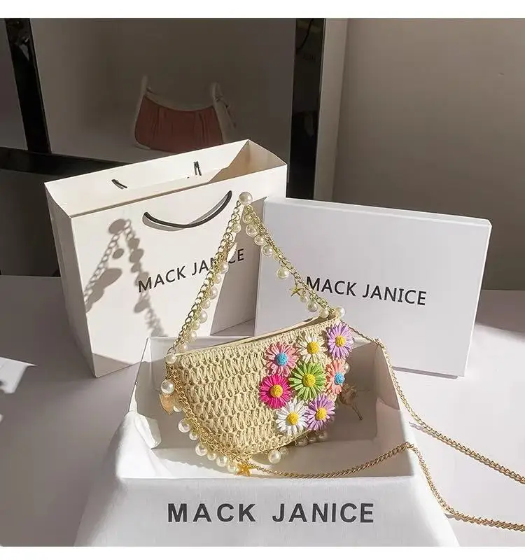 

Straw Woven Handmade Half Moon Bag Beads Beading Fashion Women Handbag Solid Floral Shoulder Crossbody Bag Holiday Travel Bag