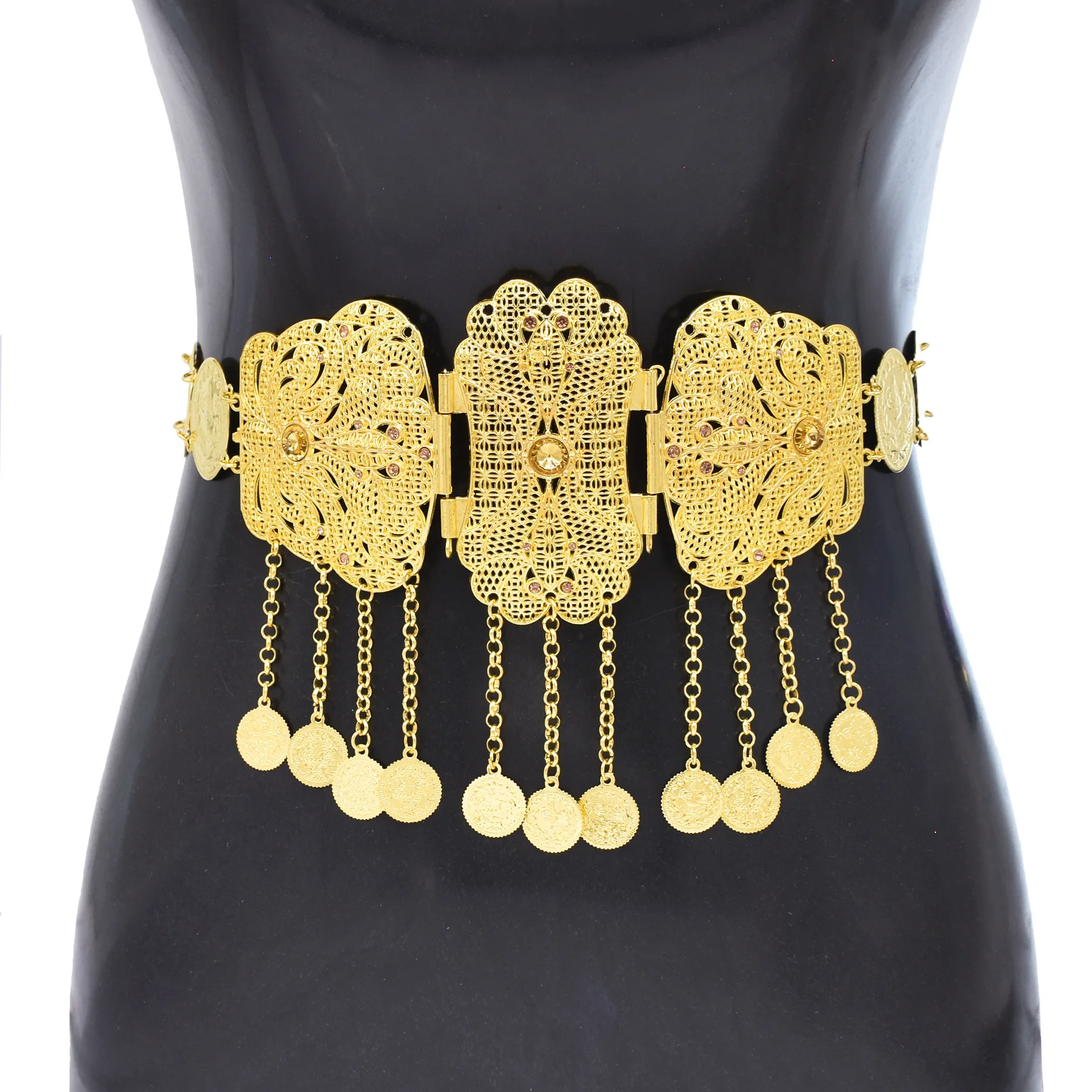 Gold Plated Coins Tassels Body Chains Ethnic Hollow Carved Geometry Indian Belly Dance Kurdish Turkey Waist Jewelry Accessory
