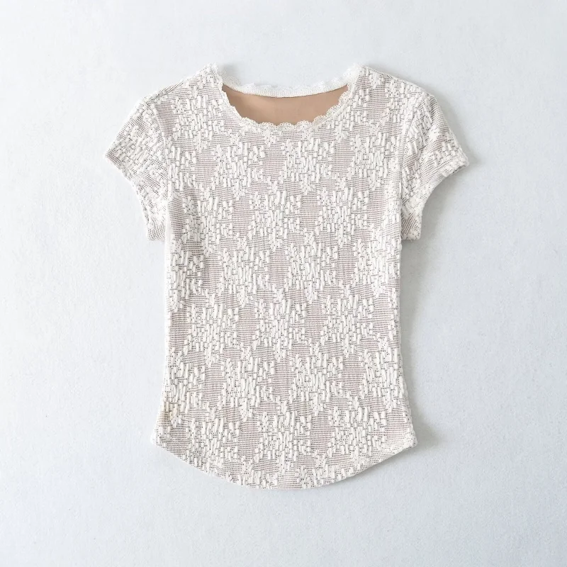 Lace Short Sleeve T-Shirt round Neck Embellished Texture Bottom Hem Slimming Base Layer Top for Women Spring Season
