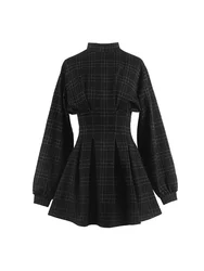 Women's French O-neck Long-sleeved Plaid Short Dresses Spring and Autumn Waist Slimming Temperament Short Dress Female Clothing