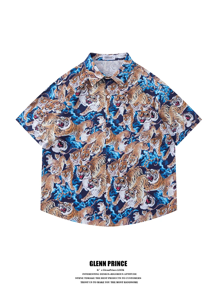 

Casual Tiger Totem Print Hawaiian Shirt Men's Vintage Feel Short Sleeve Loose Fit Polyester Summer Shirt Youth Trend