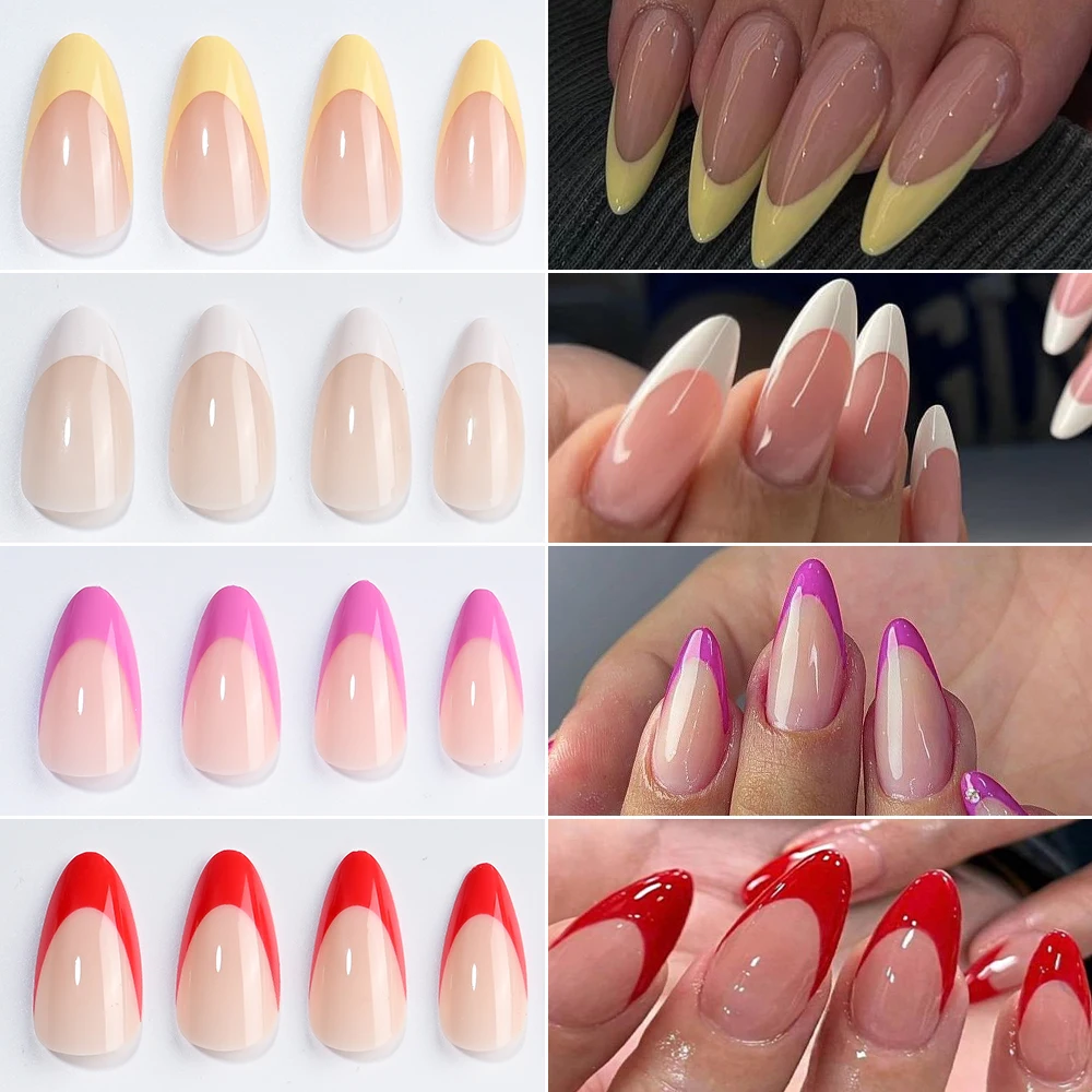 96 piezas de uñas postizas de almendra francesa, borde rojo/blanco/rosa/púrpura, cobertura completa, puntas de uñas postizas usables de Navidad para mujeres