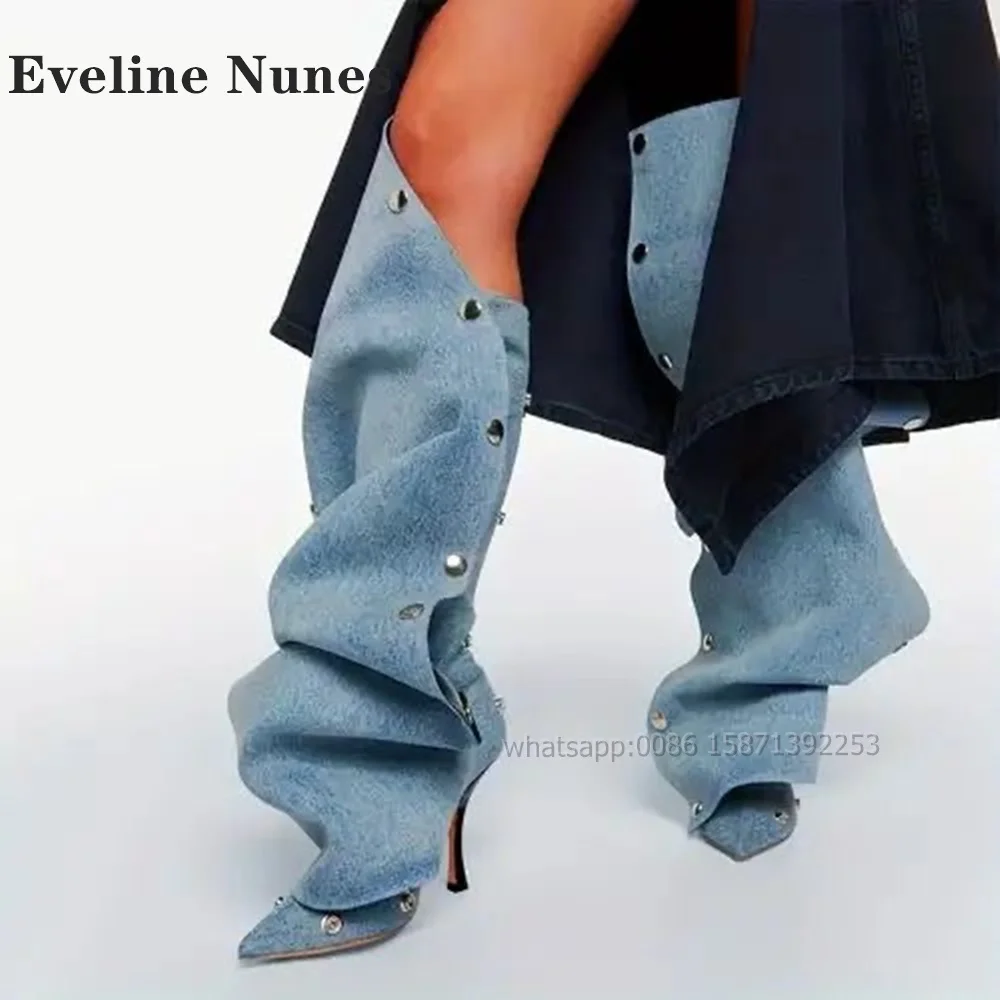 

Rivet Denim Pleated Sexy Booty Pointed Toe Stiletto Turned-Over Edge Patchwork Knee High Boots Spicy Girl Big Size Booties 2024