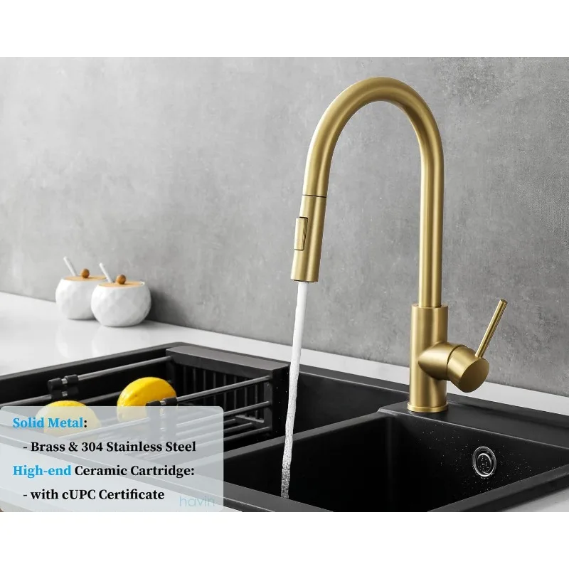 Gold Kitchen Faucet with Pull Down Sprayer, High Arc Stainless Steel Material, with cUPC Ceramic Cartridge,Without Deck Plate