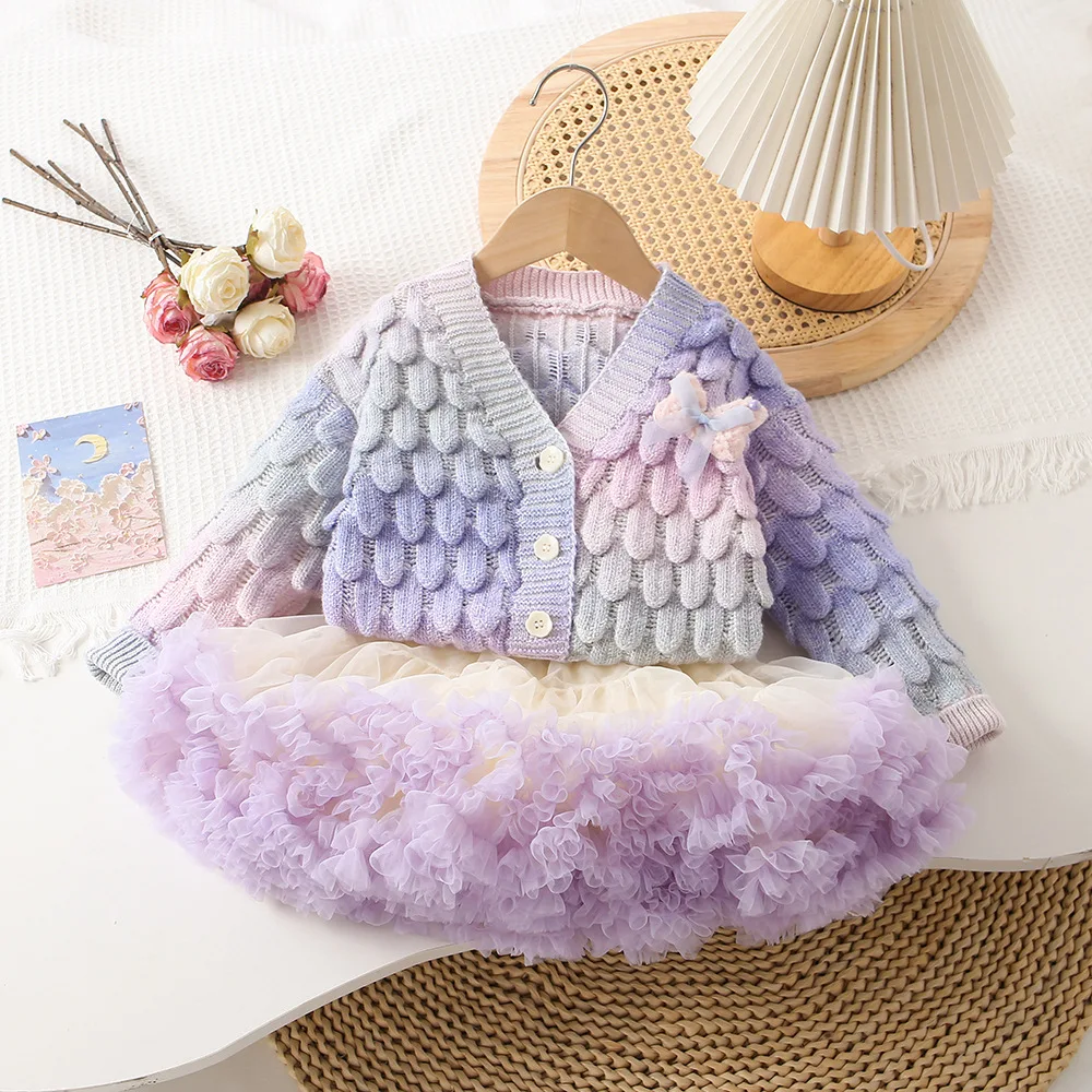 

Girls Knitted Clothing Sets Spring Autumn Children Woolen Jersey Sweaters Jackets Tutu Skirts 2pcs Dress Suit For Baby Outfit 6Y