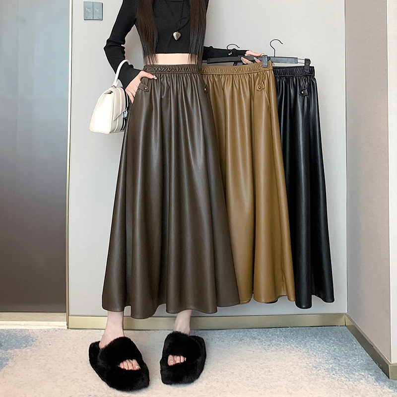 2023 Autumn/Winter Elastic Waist Versatile Slim Covering Crotch Mid length A-line Large Swing Skirt Washed Skin Skirt