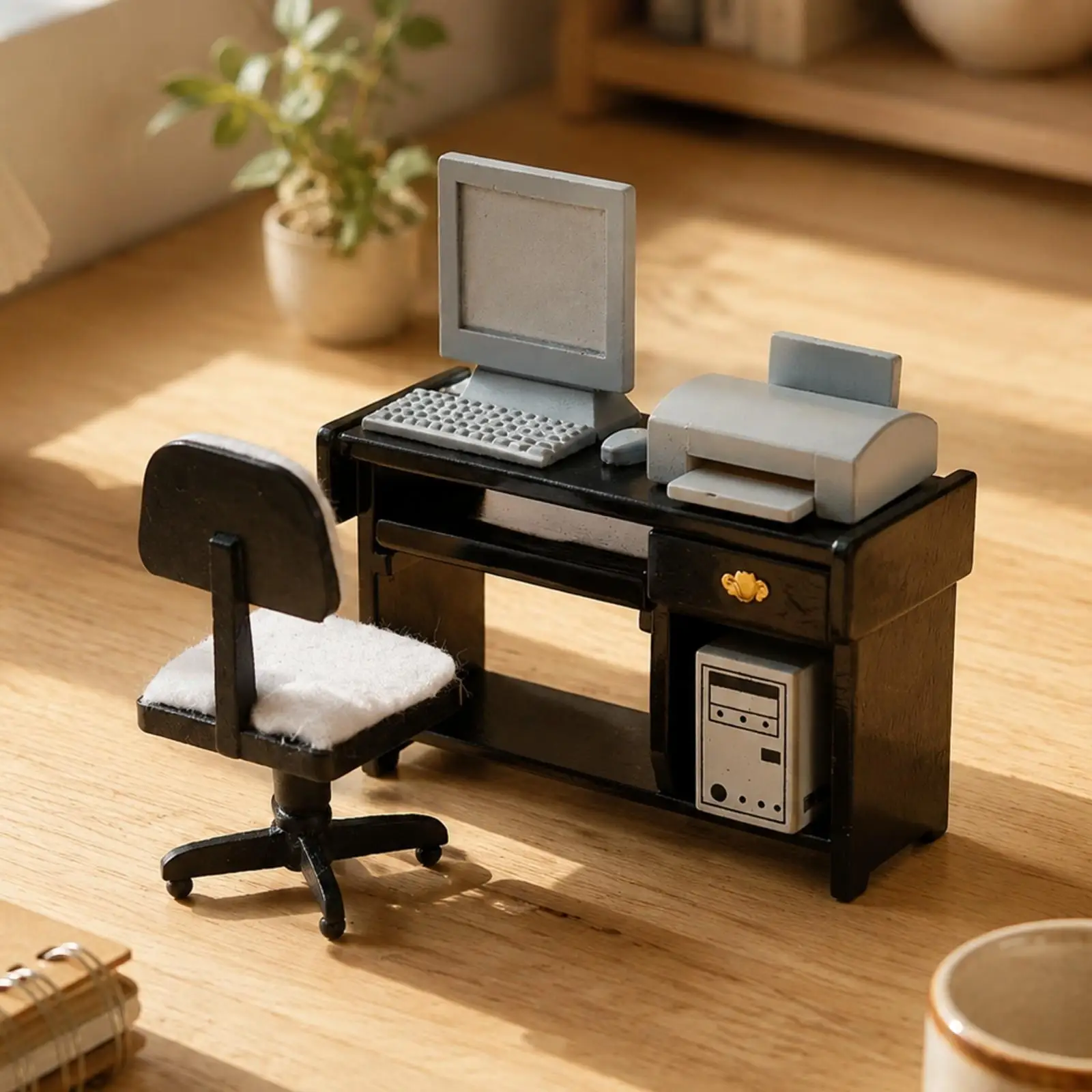 Dollhouse Computer Desk Set Wooden Dollhouse Computer Desk with Chair Realistic Miniature Office Furniture Set for Collectors,