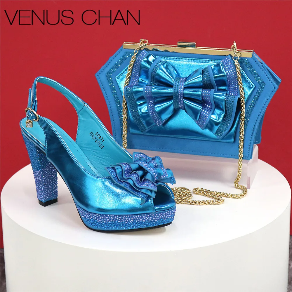 2024 New Designer Specials Italian Women Heels Shoes and Bag Set Sky Blue Color Comfortable With Rhinestone for Party