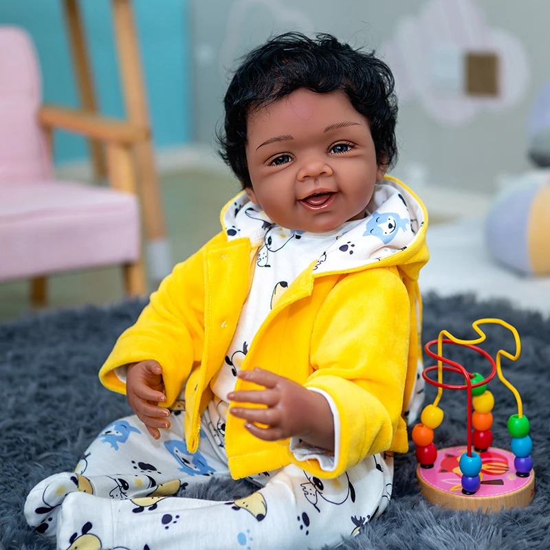 48CM Reborn Toddler Dark Brown Complexion Full Body Silicone Soft Body African American Baby Girl Doll Hand Hair