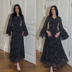 Muslim Women Irregular Chiffon Polka Dot Lotus Leaf Sleeves Dress Gown Boho Elegant Party Dress Robe Abaya