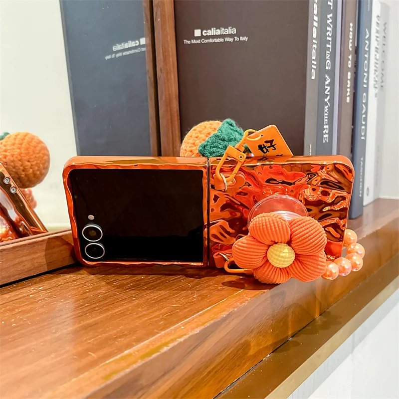 موضة البرتقال تصفيح التجاعيد ثلاثية الأبعاد زهرة قضية الهاتف لسامسونج غالاكسي Z فليب 7 6 5 4 3 ZFlip6 ZFlip7 غطاء مع سلسلة لطيف #6