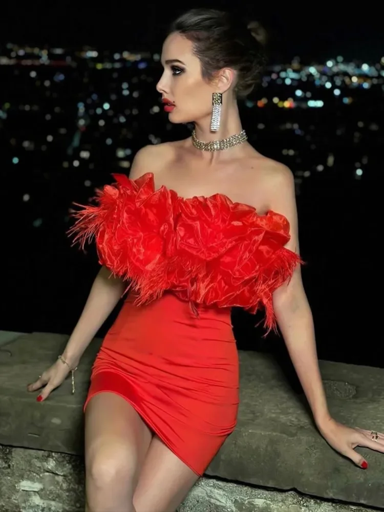 

Women Red Xmas Dress Sexy Strapless Mesh Feathers Elastic Bodycon Mini Celebrity Evening Club Party Runway Fashion Dresses